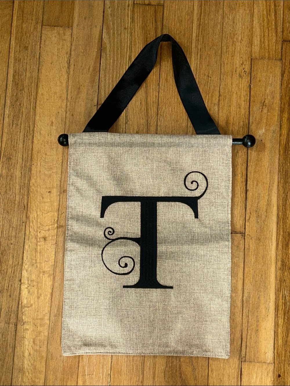 Burlap Monogram 'T' Wall Tapestry with Black Lettering